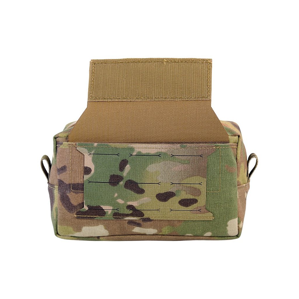 Drop Pouch in Multicam, back view showing the attachment