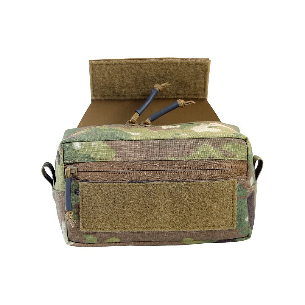 Drop Pouch in Multicam, front view with the attachment flap raised